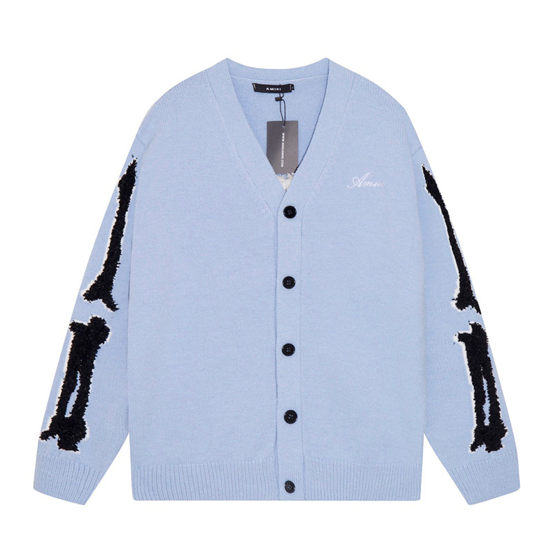 AMRI Cotton V-Neck Bones Cardigan Sweater Blue
