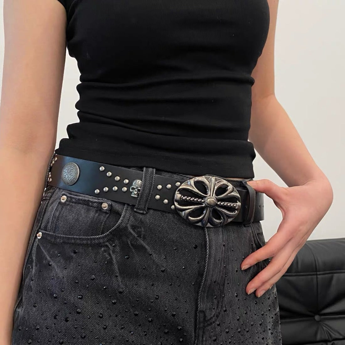 Chh Chrome Heart Belt Vintage Cowboy Punk Skull
